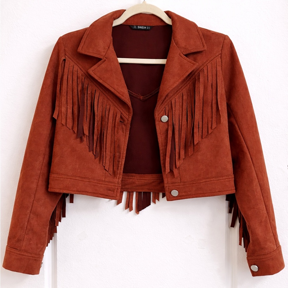 Rust Fringe Faux Suede Cropped Jacket | Western Boho | XS